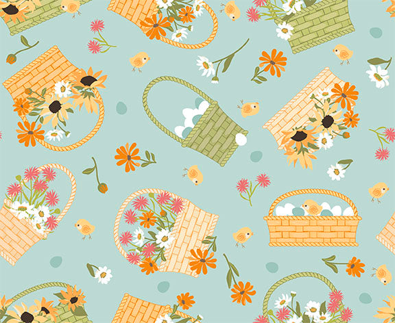 Fabric QT Dusty Aqua Flower Baskets Chickens in the Meadow by the Quarter Yard 31819-Q
