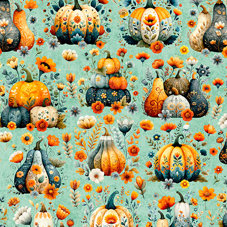 Pattern of pumpkins and gourds with floral elements on a teal background