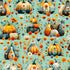 Pattern of pumpkins and gourds with floral elements on a teal background