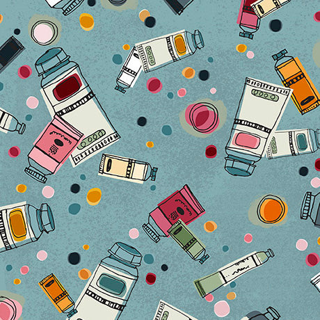 A repeating illustrated pattern of cosmetic tubes, bottles, and jars scattered across a dusty blue background with colorful polka dots.