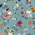 A repeating illustrated pattern of cosmetic tubes, bottles, and jars scattered across a dusty blue background with colorful polka dots.