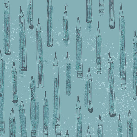 A repeating pattern of hand-drawn pencil illustrations in dark gray on a dusty teal-blue background with white speckles.