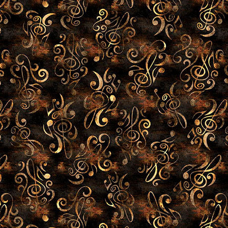 A repeating pattern of metallic gold musical treble clefs and swirling flourishes over a dark black and brown textured background.