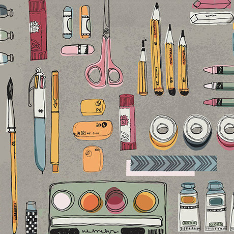 A flat-lay illustration of various school and art supplies on a textured gray background, including pink scissors, yellow pencils, a paintbrush, a pen, erasers, tape, and paint tubes.