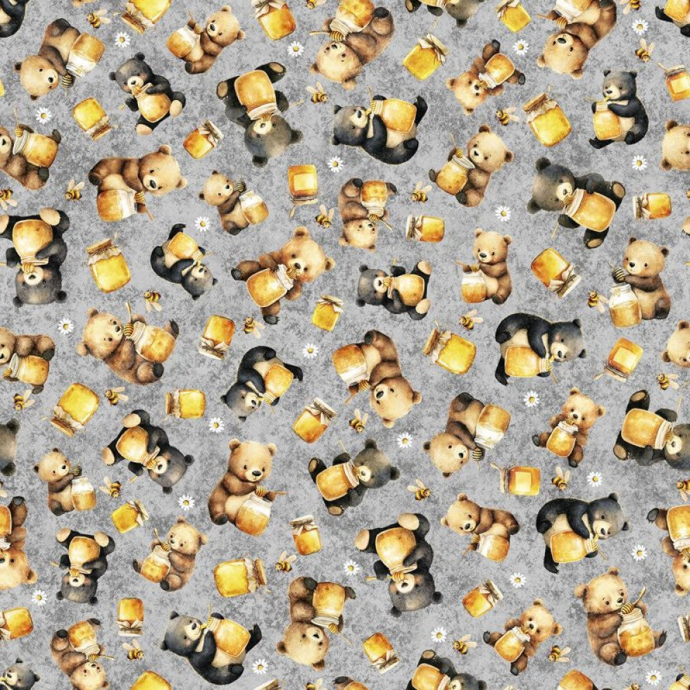 Fabric QT Gray Bears & Honey Buzz Buzz Buzz by the Quarter Yard 31702-K