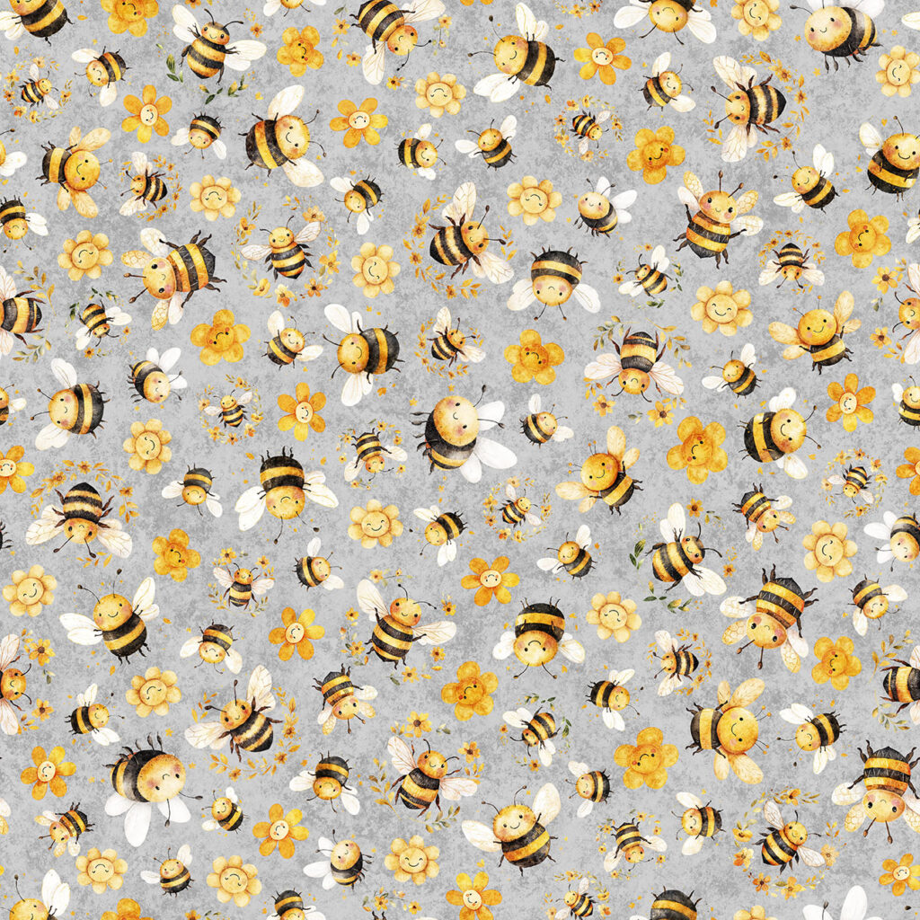 Fabric QT Gray Bees & Floral Toss Buzz Buzz Buzz by the Quarter Yard 31703-K