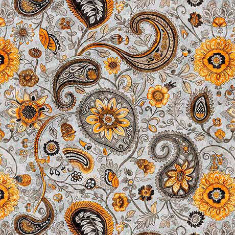 Fabric QT Gray Sunflower Paisley Sunflower Serenade by the Quarter Yard 31806-K