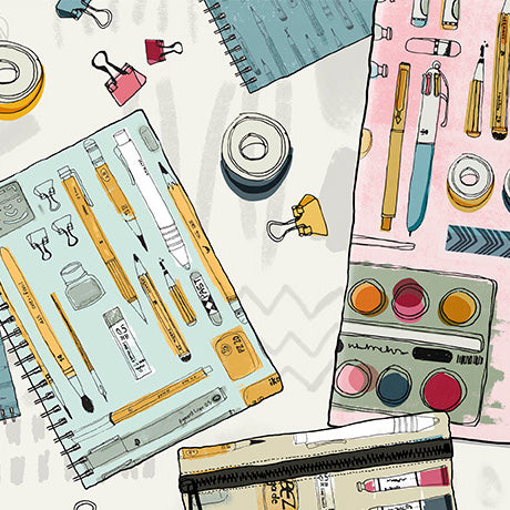 A flat-lay illustration of various stationery items, including notebooks, pens, binder clips, washi tape, and a pencil case, arranged on a light gray background with subtle gray chevron patterns.