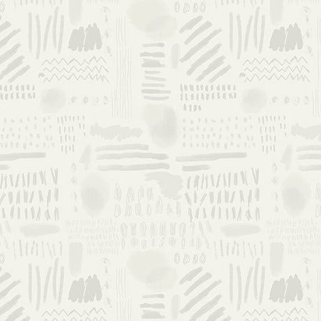 A repeating abstract pattern of light gray brushstrokes, scribbles, dots, and geometric marks on a warm off-white background.