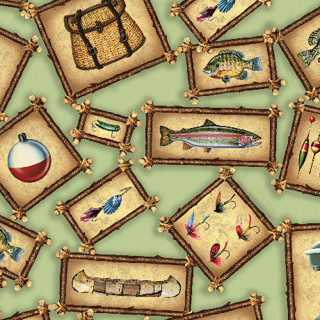 Pattern of fishing-themed illustrations including a backpack, fish, and fishing lures on a green background.