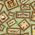 Pattern of fishing-themed illustrations including a backpack, fish, and fishing lures on a green background.