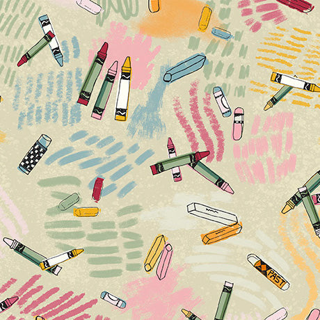 A repeating pattern featuring illustrated crayons in various colors scattered across a textured beige background with pastel scribbled marks in pink, blue, green, and orange.