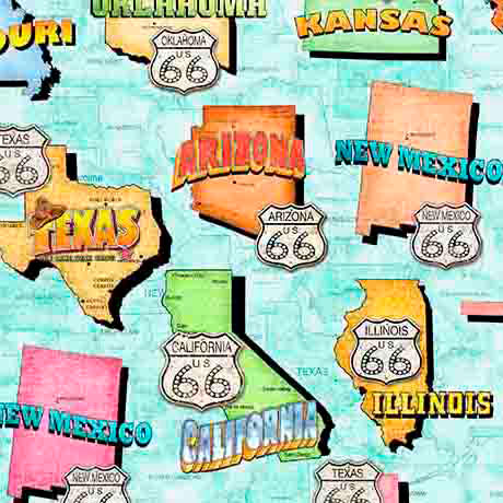 Fabric QT Light Turquoise Route 66 State Maps Get Your Kicks 2026 by the Quarter Yard 31670-I