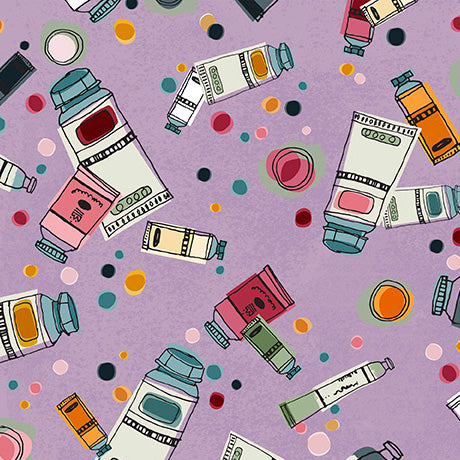 A repeating illustrated pattern of cosmetic tubes and jars scattered across a lavender background with colorful polka dots. The products are drawn in simple line art with pastel and bright accents including teal, pink, orange, yellow, green, red, and black.