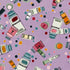A repeating illustrated pattern of cosmetic tubes and jars scattered across a lavender background with colorful polka dots. The products are drawn in simple line art with pastel and bright accents including teal, pink, orange, yellow, green, red, and black.