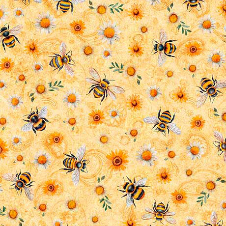 Fabric QT Melon Sunflowers & Bumble Bees Sunflower Serenade by the Quarter Yard 31805-O