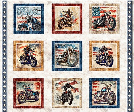 Fabric QT Motorcycle Picture Patches Stars Stripes & Steel Panel 31695-X