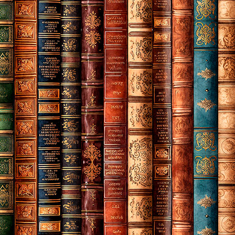 Pattern of ornate book spines with decorative designs on a multicolored background