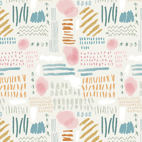 A seamless abstract pattern featuring hand-drawn watercolor-style shapes including pink circles, teal and orange brushstrokes, and white scribbles on a warm off-white background.