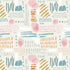 A seamless abstract pattern featuring hand-drawn watercolor-style shapes including pink circles, teal and orange brushstrokes, and white scribbles on a warm off-white background.