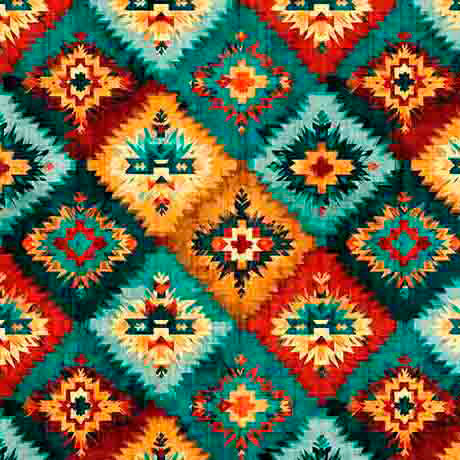 Colorful geometric pattern with a mix of red, orange, blue, and green on a fabric background.