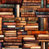 Stacks of vintage books in various colors arranged in a pattern.