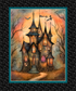 A square fabric panel featuring a whimsical haunted house illustration. The artwork shows a tall, dark gothic castle with glowing windows, bare trees, bats, and a witch flying on a broomstick against a warm orange and blue sky.