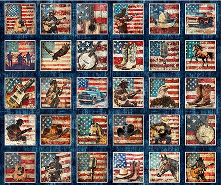 A fabric design featuring a 5x5 grid of rustic western-themed patches. Each patch displays a vintage American flag background with western motifs like guitars, cowboy hats, boots, a horse, a banjo, a microphone, and a pickup truck, all set against a dark blue grid background.