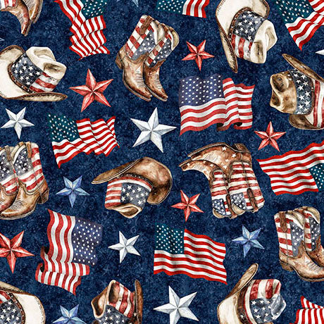 Pattern of cowboy hats, boots, and American flags on a blue background