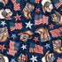 Pattern of cowboy hats, boots, and American flags on a blue background