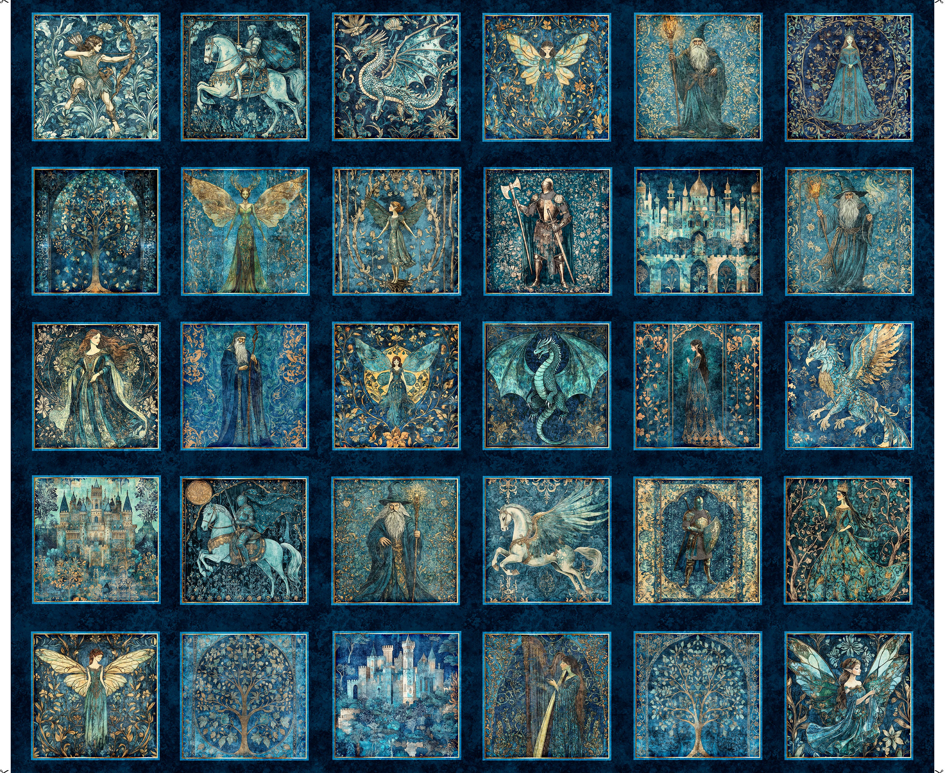 Medieval Patch Fabric QT Navy Folklore Small Medieval Patches Panel 31641-N – World ...