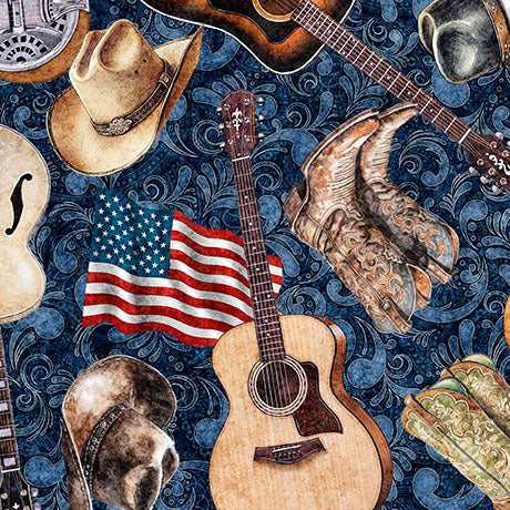 Pattern with guitars, cowboy hats, American flag, and boots on a blue background