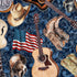 Pattern with guitars, cowboy hats, American flag, and boots on a blue background