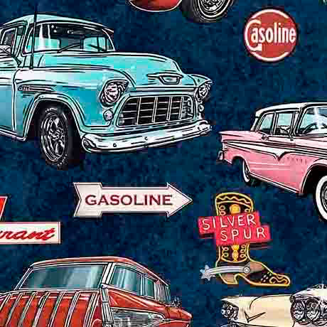 Fabric QT Navy Route 66 Classic Cars & Icons Get Your Kicks 2026 by the Quarter Yard 31668-N