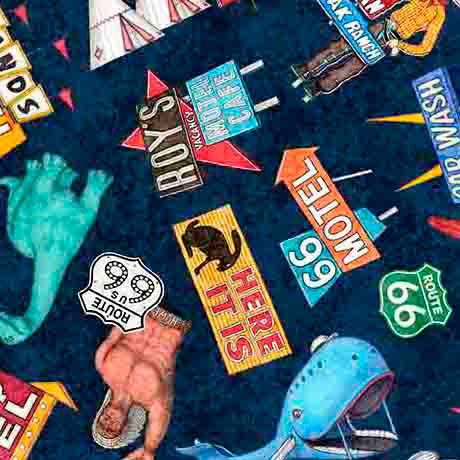 Fabric QT Navy Route 66 Icons Get Your Kicks 2026 by the Quarter Yard 31669-N