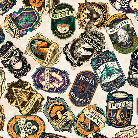 Pattern of various vintage-style labels with different designs and text on a light background.