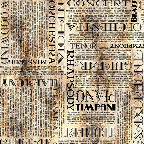 A repeating collage-style pattern of vintage sheet music pages with black typography on aged beige paper, featuring large words such as piano, trumpet, trombone, tenor, concert, and harmony.
