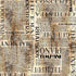 A repeating collage-style pattern of vintage sheet music pages with black typography on aged beige paper, featuring large words such as piano, trumpet, trombone, tenor, concert, and harmony.