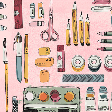 A flat-lay illustration of various stationery and art supplies on a light pink background, including colored pencils, scissors, pens, erasers, washi tape, paint tubes, and a palette.