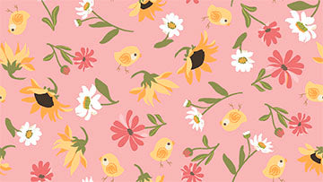 Fabric QT Pink Tossed Meadow Flowers Chickens in the Meadow by the Quarter Yard 31821-P