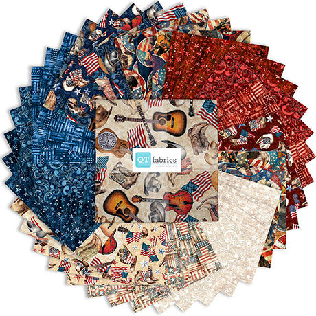 A circular arrangement of fabric swatches from QT Fabrics featuring patriotic designs, including stars, stripes, guitars, and American flags in red, white, and blue tones.