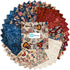 A circular arrangement of fabric swatches from QT Fabrics featuring patriotic designs, including stars, stripes, guitars, and American flags in red, white, and blue tones.