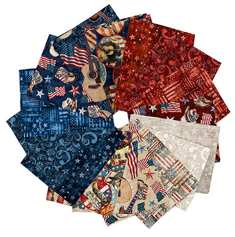 A circular fan arrangement of patriotic-themed fabric patterns in red, white, and blue, featuring stars, stripes, flags, and rustic motifs on a white background.
