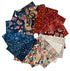 A circular fan arrangement of patriotic-themed fabric patterns in red, white, and blue, featuring stars, stripes, flags, and rustic motifs on a white background.