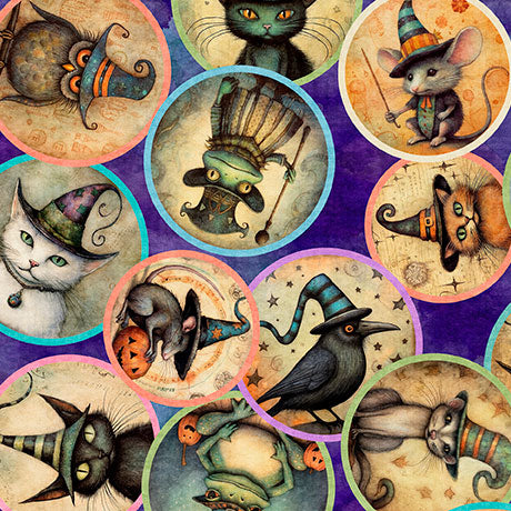 Illustrations of animals in Halloween-themed hats and costumes on a purple background.
