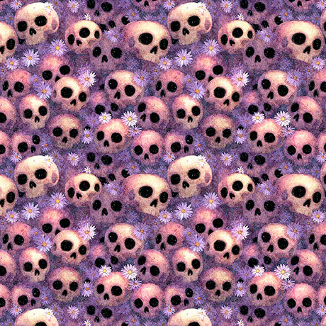Pattern of skulls and flowers on a purple background