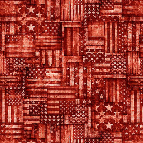 Red pattern of American flags in a collage style