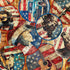 Collage of American flags, guitars, and a cowboy hat with a person playing guitar on a textured background.