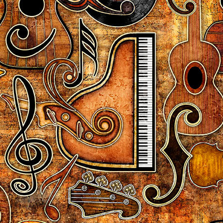A stylized collage of musical instruments and symbols on a textured brown background, including a piano, guitar, violin, treble clef, staff notes, and a small guitar headstock.