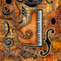 A stylized collage of musical instruments and symbols on a textured brown background, including a piano, guitar, violin, treble clef, staff notes, and a small guitar headstock.